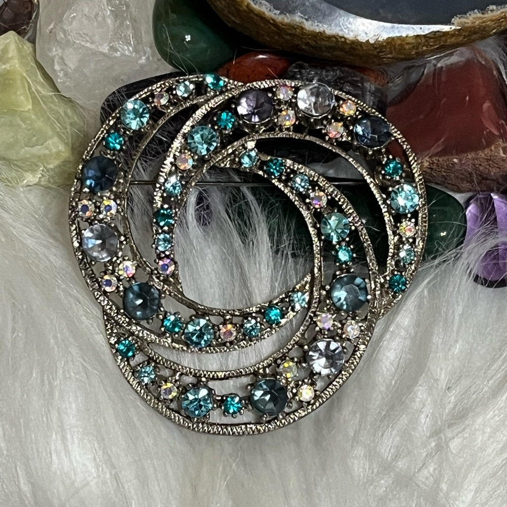 Vintage Teal and Aqua Crystal Swirl Brooch